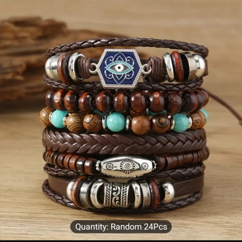 Men's Bracelets Set Leather‎ Turquoise Beaded Braided Layered Brown f22